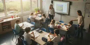 Diverse elementary students learning in a modern classroom, symbolizing education grants' impact.