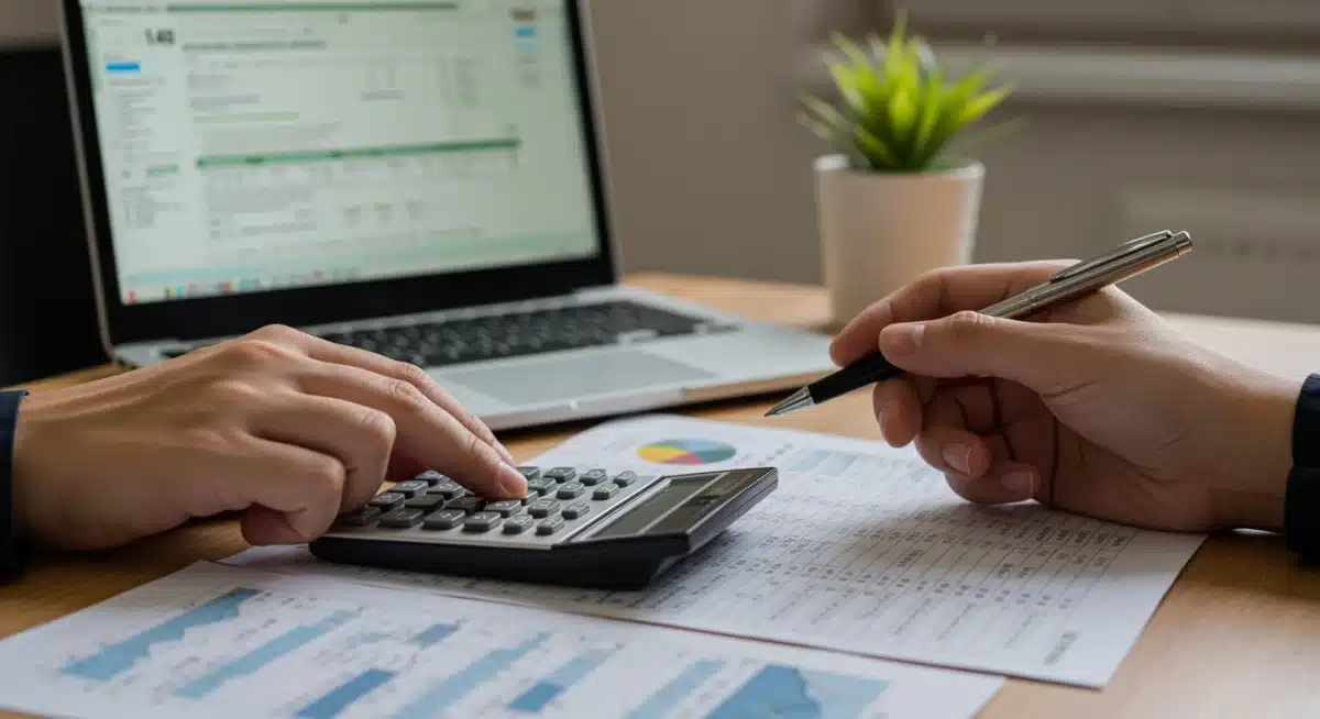 Hands using calculator and pen on spreadsheet for tax planning.