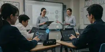 Students engaging with AI educational tools in a modern classroom environment.