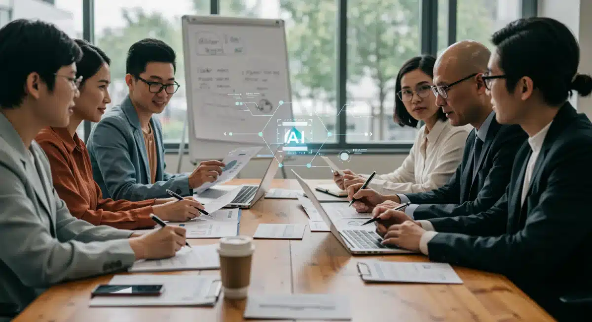 Educators and policymakers reviewing AI education policy documents in a meeting.