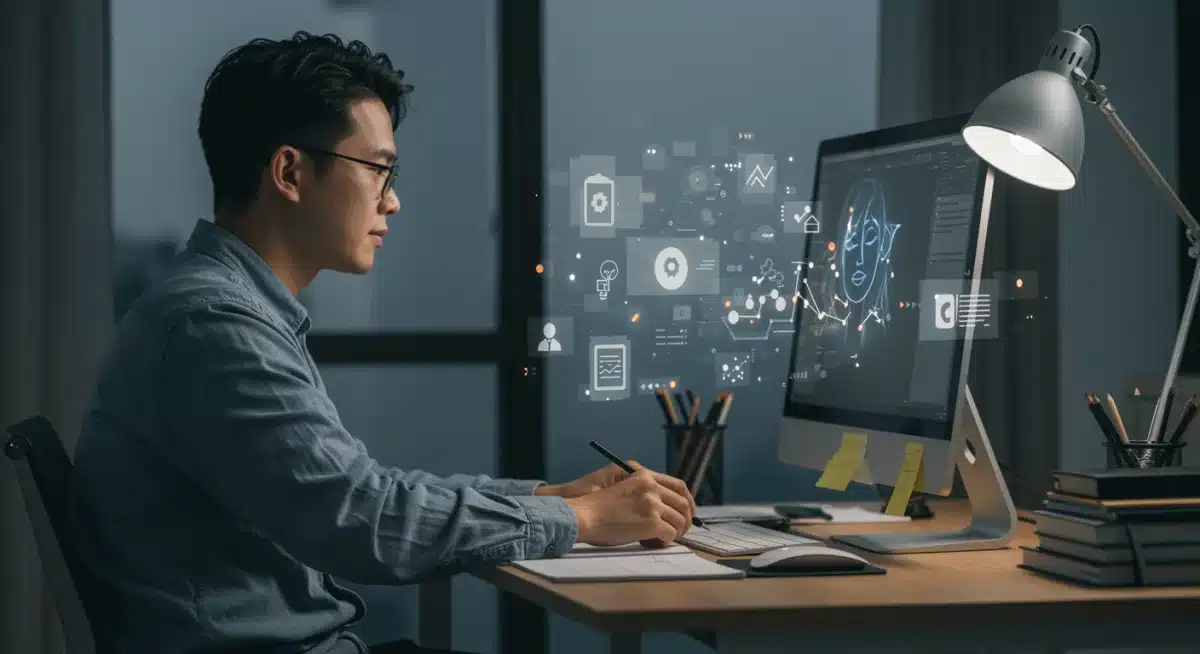 Young adult utilizing AI writing assistant for enhanced academic productivity.