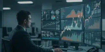 Financial analyst reviewing corporate bond market trends on multiple screens