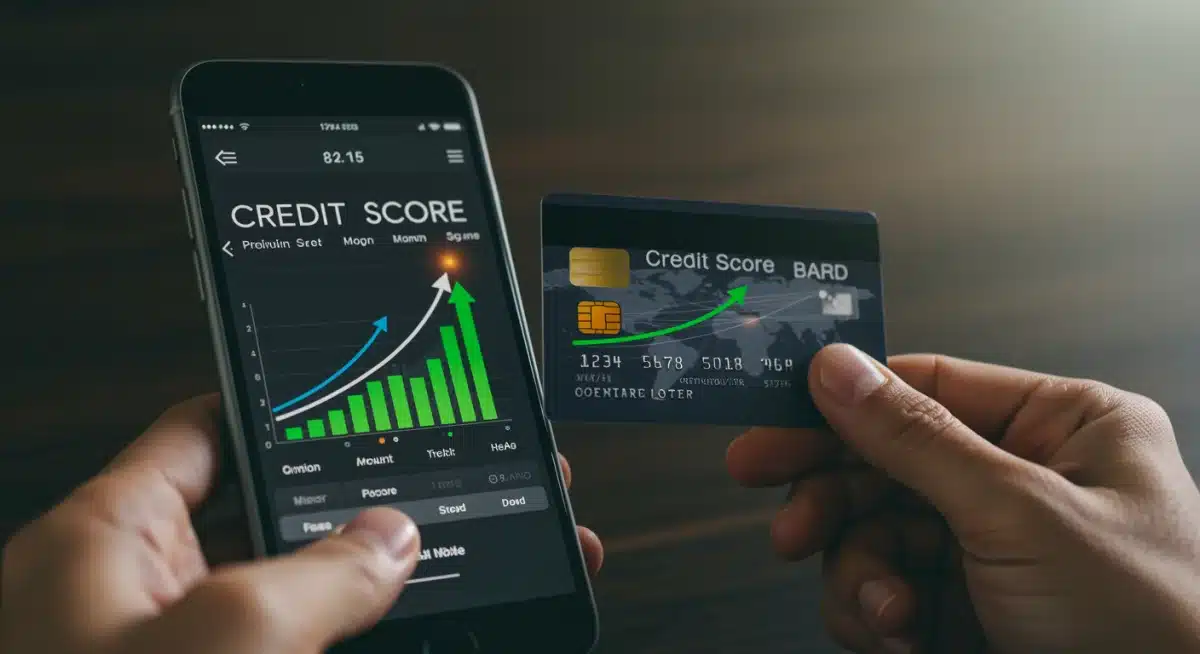 Credit score tracking app on a smartphone with a credit card