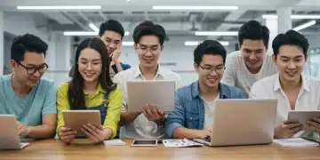 Young adults practicing digital citizenship with various devices