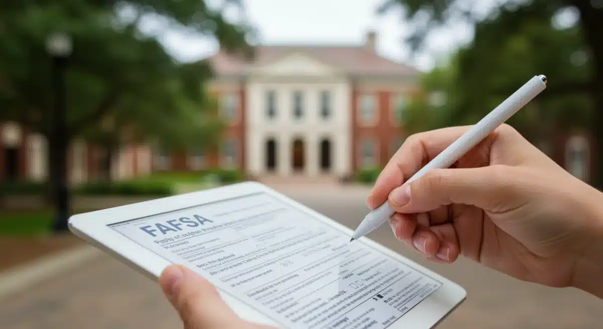 Hand digitally completing FAFSA form for financial aid