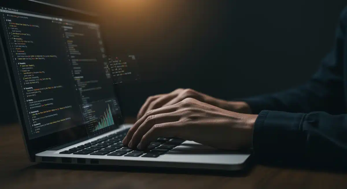 Hands typing on a laptop, showing data and code, symbolizing digital gig work and AI prompting.