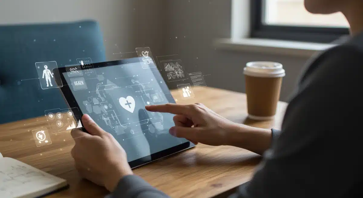 Young adult researching digital healthcare plans on a tablet.