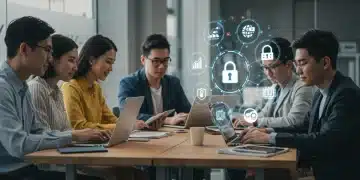 Digital Certifications: 3 Must-Have Skills for US Job Seekers Young professionals learning digital skills in a modern workspace