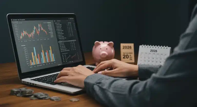 Person planning emergency fund savings on a laptop for 2026