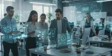 Young professionals collaborating on emerging tech projects in a modern office