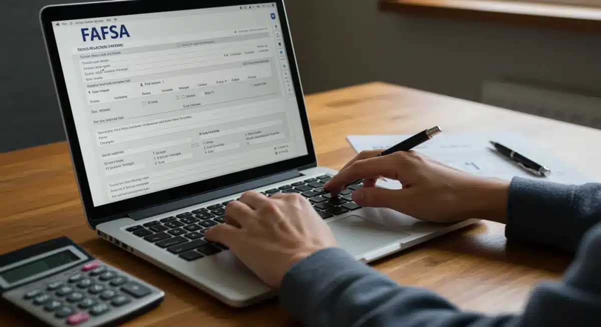 Student filling out FAFSA form on laptop for financial aid.