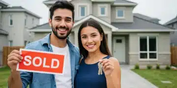 Smiling couple holding keys in front of their new home, symbolizing first-time homeownership success.