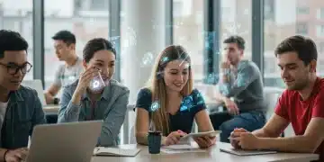 Young adults collaborating on digital projects in a modern learning environment, embracing future work skills.