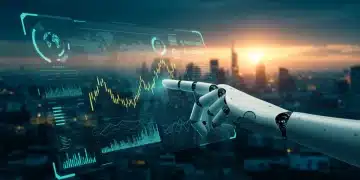 Futuristic digital dashboard with financial charts and robotic arm automating investments