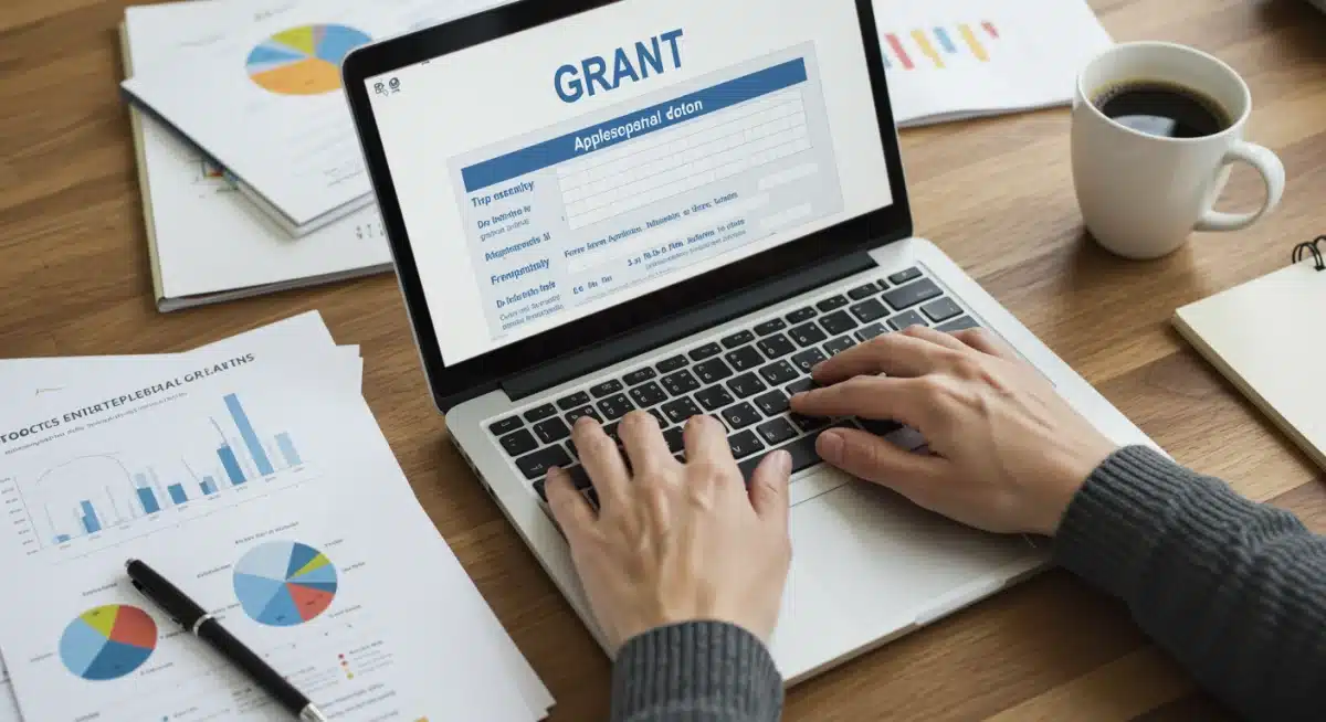 Person diligently completing an online grant application for startup funding