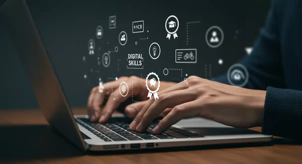 Person typing on laptop, focusing on digital skill development and certification.