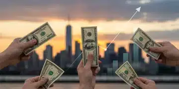 Hands holding shrinking dollar bills against a backdrop of financial charts and a city skyline, symbolizing inflation's impact on savings in 2026.