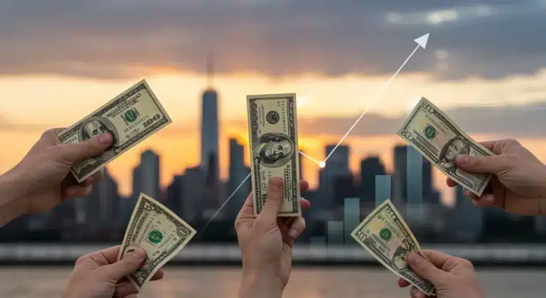Hands holding shrinking dollar bills against a backdrop of financial charts and a city skyline, symbolizing inflation's impact on savings in 2026.