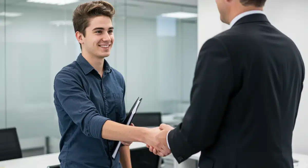 Student shaking hands with a mentor after securing an internship.
