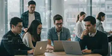 Young professionals collaborating in a modern co-working space, representing the future of the new gig economy.