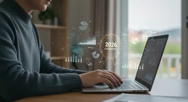 Student researching accredited online degrees on a laptop in 2026