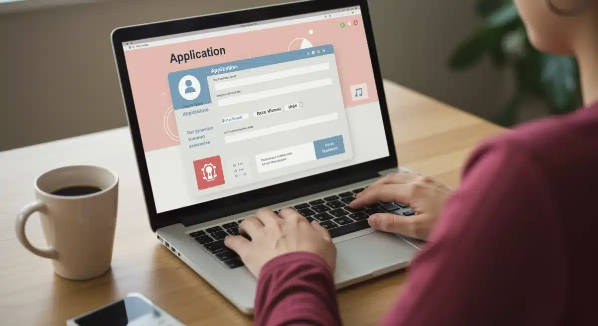 Hands typing on a laptop, completing an online housing assistance application form.