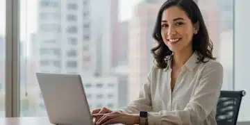 Professional woman working remotely on laptop in modern US home office