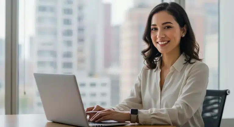 Professional woman working remotely on laptop in modern US home office