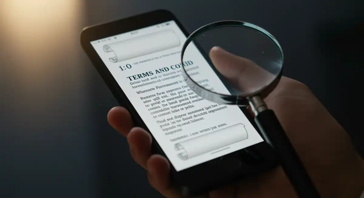 Hand with smartphone examining terms and conditions, highlighting careful review of digital contracts.