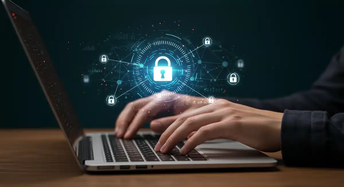 Hands typing on laptop with secure data network visualization