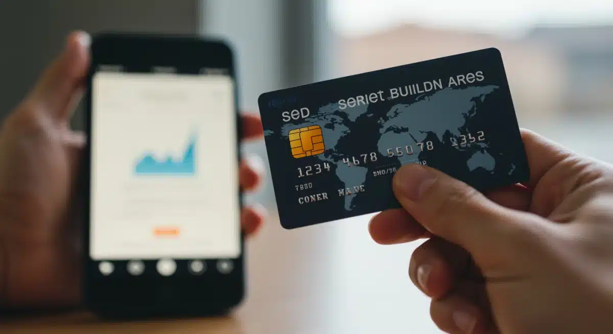 Person holding a secured credit card with a banking app on phone