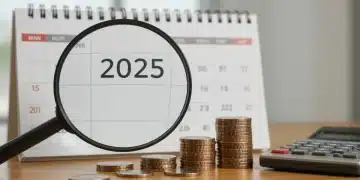 Calendar 2025 with magnifying glass and coins for Social Security planning