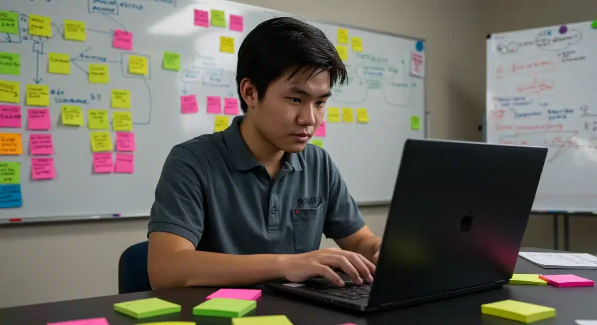 Student coding with project milestones and flowcharts