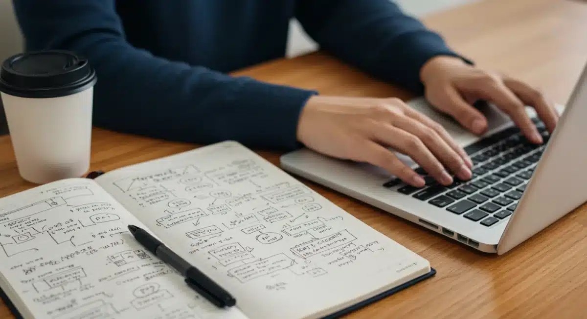 Student typing a college application essay on a laptop