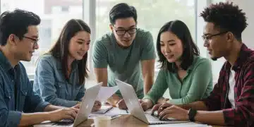 Students collaborating on a project during an internship, gaining practical experience.