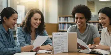 Students reviewing FAFSA forms on laptops