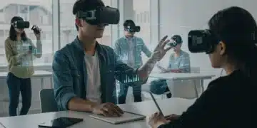 Students engaging with virtual reality and holographic educational tools