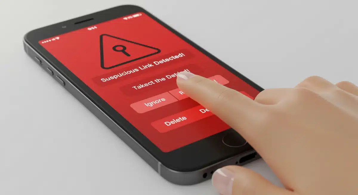 Smartphone warning about suspicious link, hand deleting it.