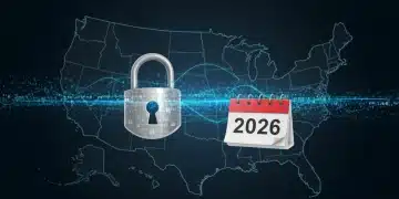 Illustration of U.S. data privacy laws in 2026 with lock and data streams