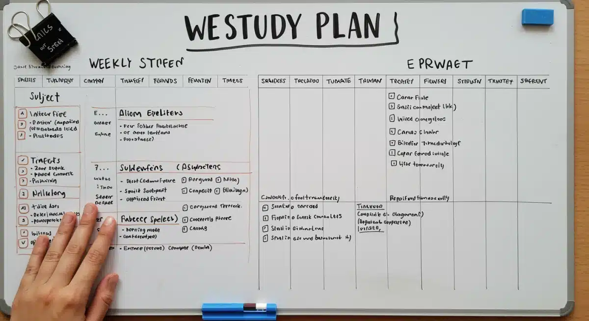 Weekly study plan with subjects and time allocation for test preparation