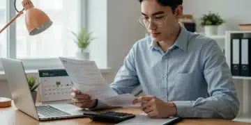 Young adult reviewing 2026 tax documents on laptop
