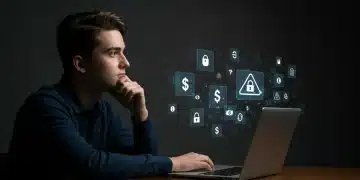 Young adult navigating complex online landscape, identifying scam red flags.