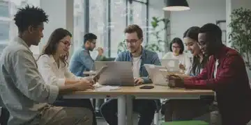 Young adults building digital brands in a collaborative workspace, focused on career growth.