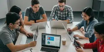 Young adults collaborating on a digital project with laptops and tablets