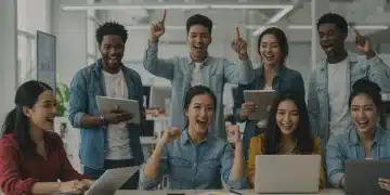 Young adults collaborating in a modern co-working space, symbolizing digital skill monetization and income growth.