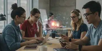 Young adults creating digital stories on various devices, showcasing creative content creation.