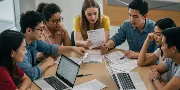 Young adults collaborating on 2026 FAFSA forms and laptops
