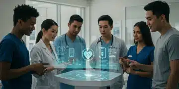 Young adults reviewing new healthcare options on a holographic display in a modern clinic.