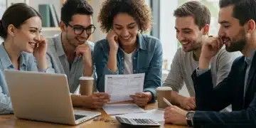 Happy young adults reviewing tax documents on a laptop, symbolizing new tax savings