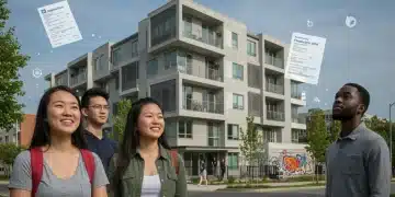 Young adults smiling in front of a modern apartment building, symbolizing new housing opportunities.